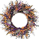 VioletEverGarden Halloween Wreaths for Front Door 22 Inch Skeleton Black Wreath Handmade Halloween Door Wreath with Purple and Orange Berries for Gothic Decorations