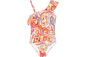 Snowheart Girls Swimsuit One Piece Bathing Suit Kids Summer Hawaiian One Shoulder Ruffle Swimwear for 3-12 Years Old