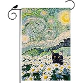 ZAEW Oil Painting Starry Night Sky Moon Cat Flowers Spring Garden Flag Yard Flag 12x18 Inch Double Sided Small Mini Yard Outdoor Outside Holiday Decoration