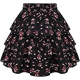 Scarlet Darkness Mini Skirts for Women Summer Floral Skorts Tiered Ruffle Shorts Skater Boho Skirt with Pockets