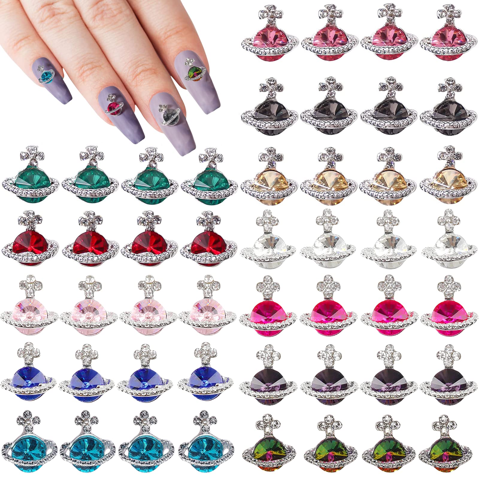 60Pcs Nail Charms Colorful Planet Nail Rhinestones Charms, HOINCO 3D Shiny Saturn Shape Nail Art Alloy Diamond Crystal Luxury Nail Ornament Gems for Girls Nail Art DIY Crafts Decoration(12 Colors)