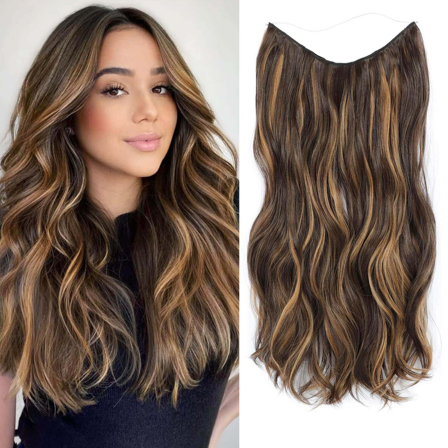 Ms TAj Honey Brown Halo Hair Extensions with Highlights 20 inch with Adjustable Size Removable Clips Invisible Secret Synthetic Curly Hairpiece for Women — image 1