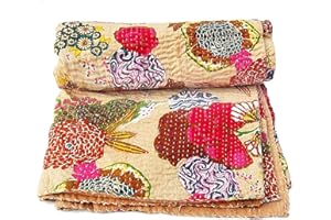 Rajasthaniartdecor Indian Reversible Kantha Quilt for Living Dorm Room Bed Cover Handmade Stitched Pure Cotton Fruit Print Bedspread Kantha Quilt (Queen 90''x108'' Inche, Beige), (RAD00V-8)