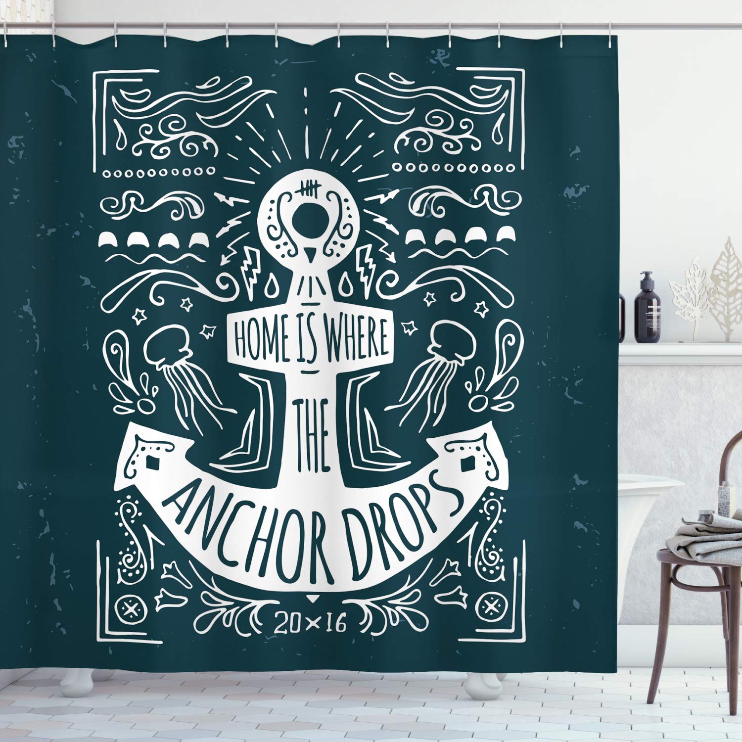 ABAKUHAUS Anchor Shower Curtain, Hand Drawn Hipster Design with an Anchor and Lettering on Grunge Background, Cloth Fabric Bathroom Decor Set with Hooks, 94 Inches, Dark Blue White