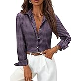 siliteelon Womens Plaid Shirts Gingham Top Button Down Long Sleeve Dress Shirts Cotton Casual Work Blouse