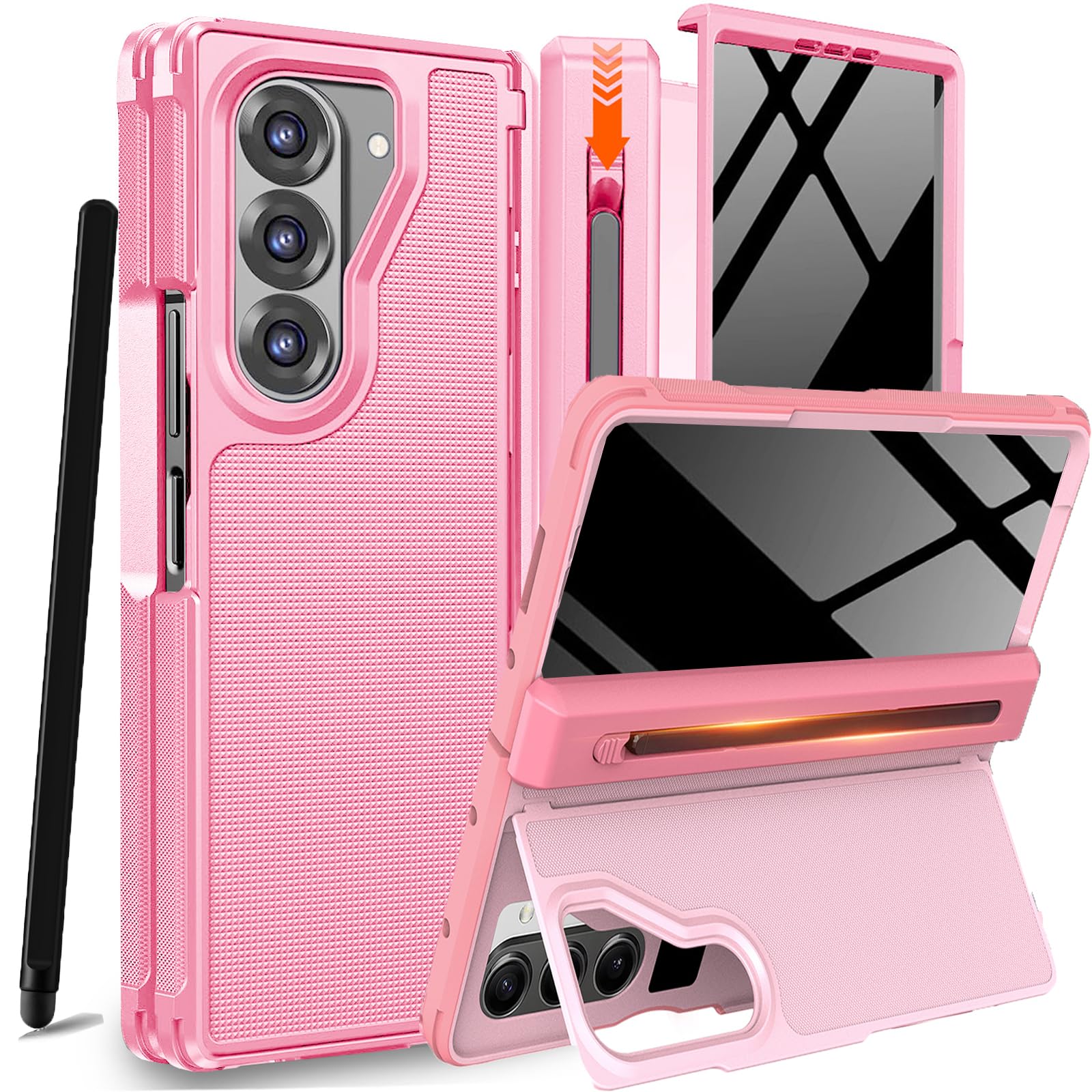NINKI for Samsung Galaxy Z Fold 5 Case with S Pen Holder & Slim Stylus and Kickstand,Built in Privacy Screen Protector, Hinge Phone Cover for Samsung Z Fold 5 Case with S Pen Slot – Two Tone Pink