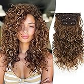 Aisaide Curly Hair Extensions, 4PCS 16 inch Clip in Hair Extensions Short Soft Natural Hairpiece Lace Weft Curly Wave Clip Ins Extensions Invisible for Women,Dark Medium Brown