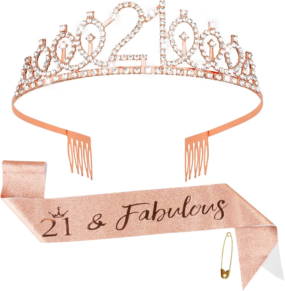 Fowecelt 21st Birthday Tiara and Sash Rose Gold Crystal Kit