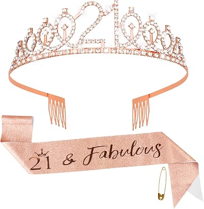 Fowecelt 21st Birthday Tiara and Sash Rose Gold Crystal Kit