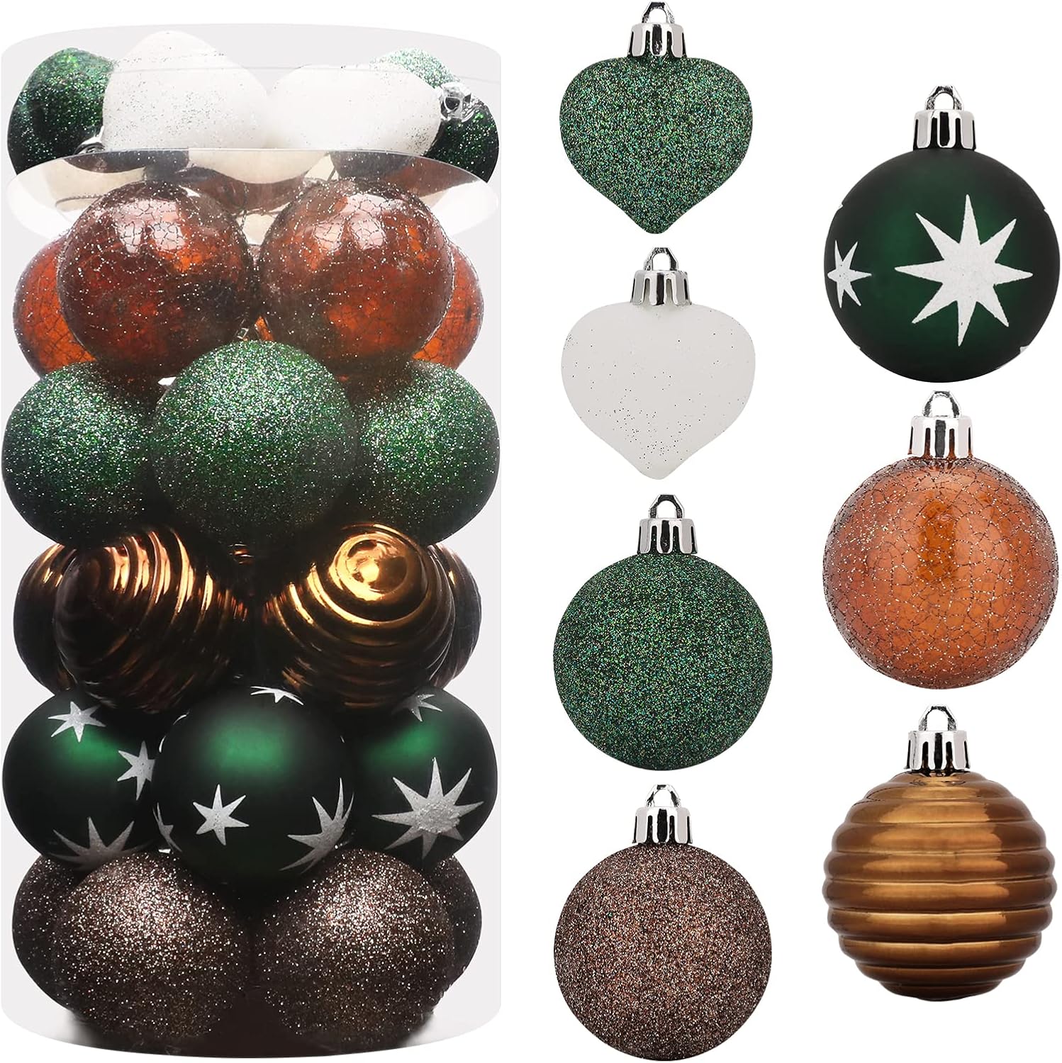 Ornaments - 35pcs Christmas Ball Ornaments for Xmas Tree Shatterproof Christmas Tree Decorations Balls with Hanging Loop for Xmas, Holiday, Wedding, Party Decors (25 Balls+10 Hearts, Green & Gold)