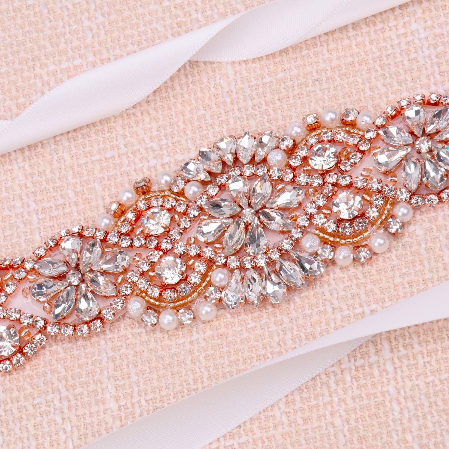 Tendaisy Women's Clear Crystal Rhinestone Sash Wedding Belt for Bridal Gowns(Rose-White) at  Women’s Clothing store