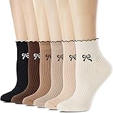 bropapa Women's Cotton Ankle Socks,Casual Knit,Ruffle Edge,Cute Fashion Embroidery Bow Pattern, Dress Socks for Girls 6 Pack(Size 5-9)