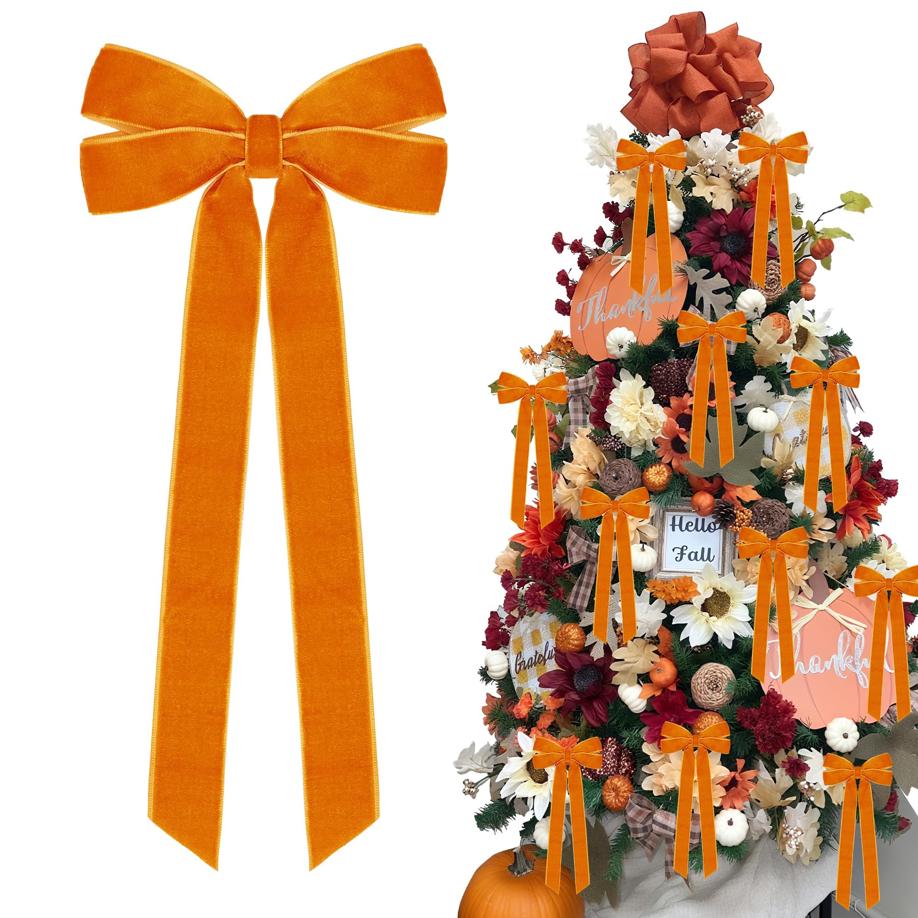 Photo 1 of 12Pcs Fall Velvet Ribbon Bows Tree Decorations,5in x 10in Orange Christmas Ornaments for Tree Home Thanksgiving Party Front Door Wreath Holiday Decor