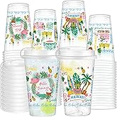 50 Pcs Hawaiian Luau Party Cups 16 oz Summer Disposable Plastic Cups with Lids, Tropical Floral Hibiscus Palm Tree Flamingo Tiki Drinking Cups for Hawaii Beach Pool Birthday Party Drinkware Supplies