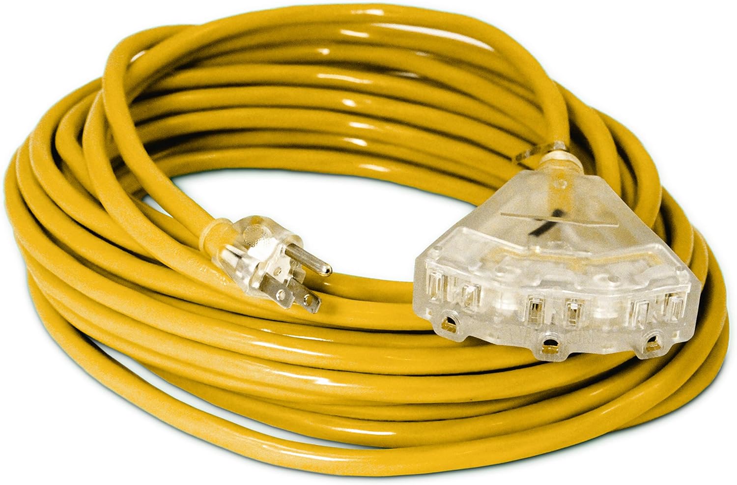 50-ft 14/3 Heavy Duty 3-Outlet Lighted SJTW Indoor/Outdoor Extension Cord by Watt's Wire - Yellow 50' 14-Gauge Grounded 15-Amp Three-Prong Power-Cord (50 foot 14-Awg) - - 