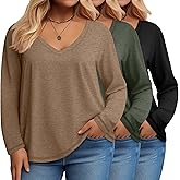 Evervibe 3 Pack Women's Plus Size T Shirts, Casual Long Sleeve Tops V Neck Basic Shirts Fall Loose Fit Soft Tops