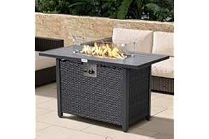 Werph 43" Propane Fire Pit Table with Rattan Fence, 50,000 BTU Gas Fire Pits for Outside Patio with Auto-Ignition, 2-in-1 Fire Table with Glass Stones,Wind Guard& Removable Lid, Black