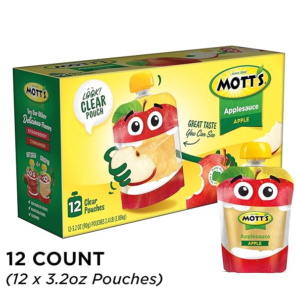 MOTT’S ORIGINAL APPLESAUCE, 3.2 OZ CLEAR POUCHES, 12 COUNT