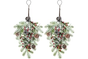PRTECY 2Pcs Artificial Christmas Teardrop Swag Wreath, Flocked Green Pine Teardrop Door Swag with Pinecones Red Berries Simulation Snowy Greenery Wreath for Holiday Wall Door Lintel Festival Winter Decor(#1)