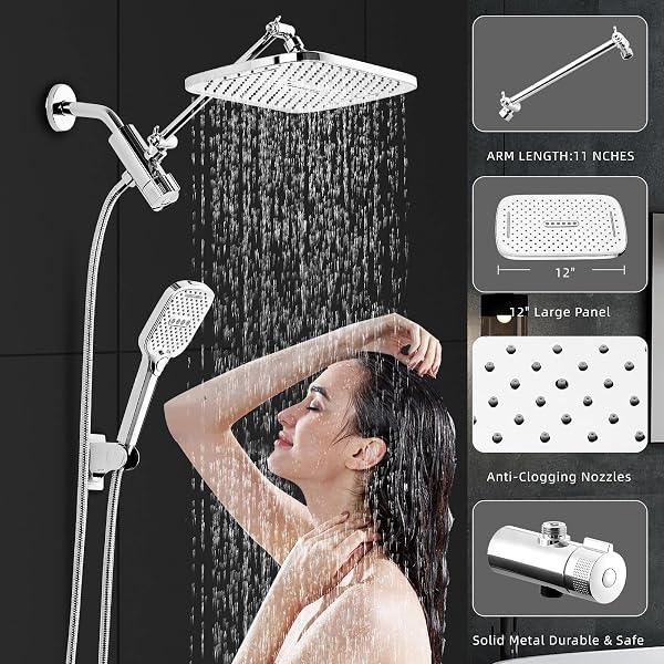 12″ RAIN SHOWER HEAD WITH HANDHELD SPRAY, RAINFALL SHOWER HEAD WITH HANDHELD COMBO, 11″ STAINLESS STEEL EXTENSION ARM WITH HEIGHT & ANGLE ADJUSTABLE HIGH PRESSURE SHOWERHEADS, CHROME