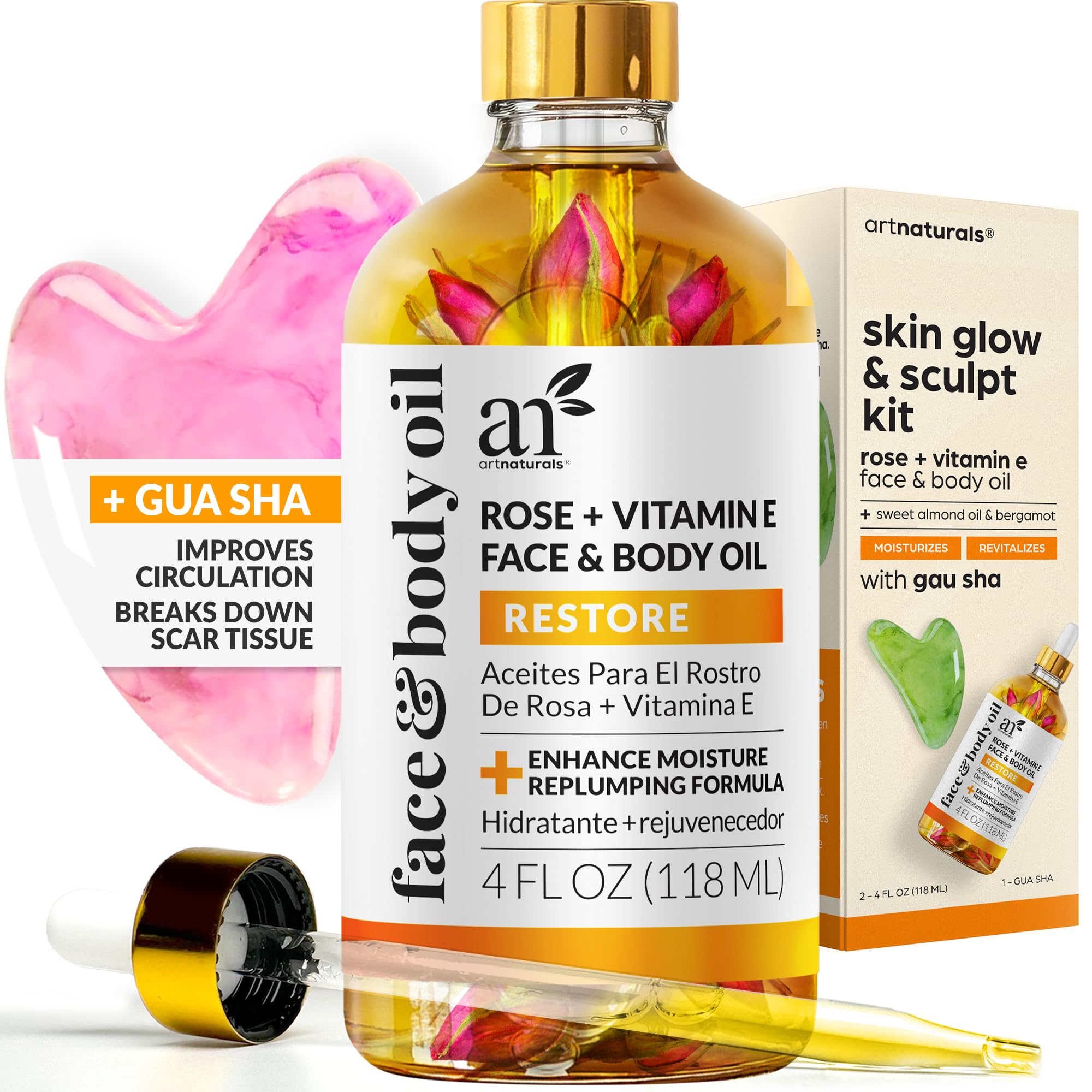 Artnaturals Face & Body Vitamin E Bio Oil 4.0oz + Gua Sha Facial Tools Set - Organic Moisturizer Skincare for Scars, Stretch Mark, Cellulite & Nails - Great Massage oil for Massaging Joint & Muscles