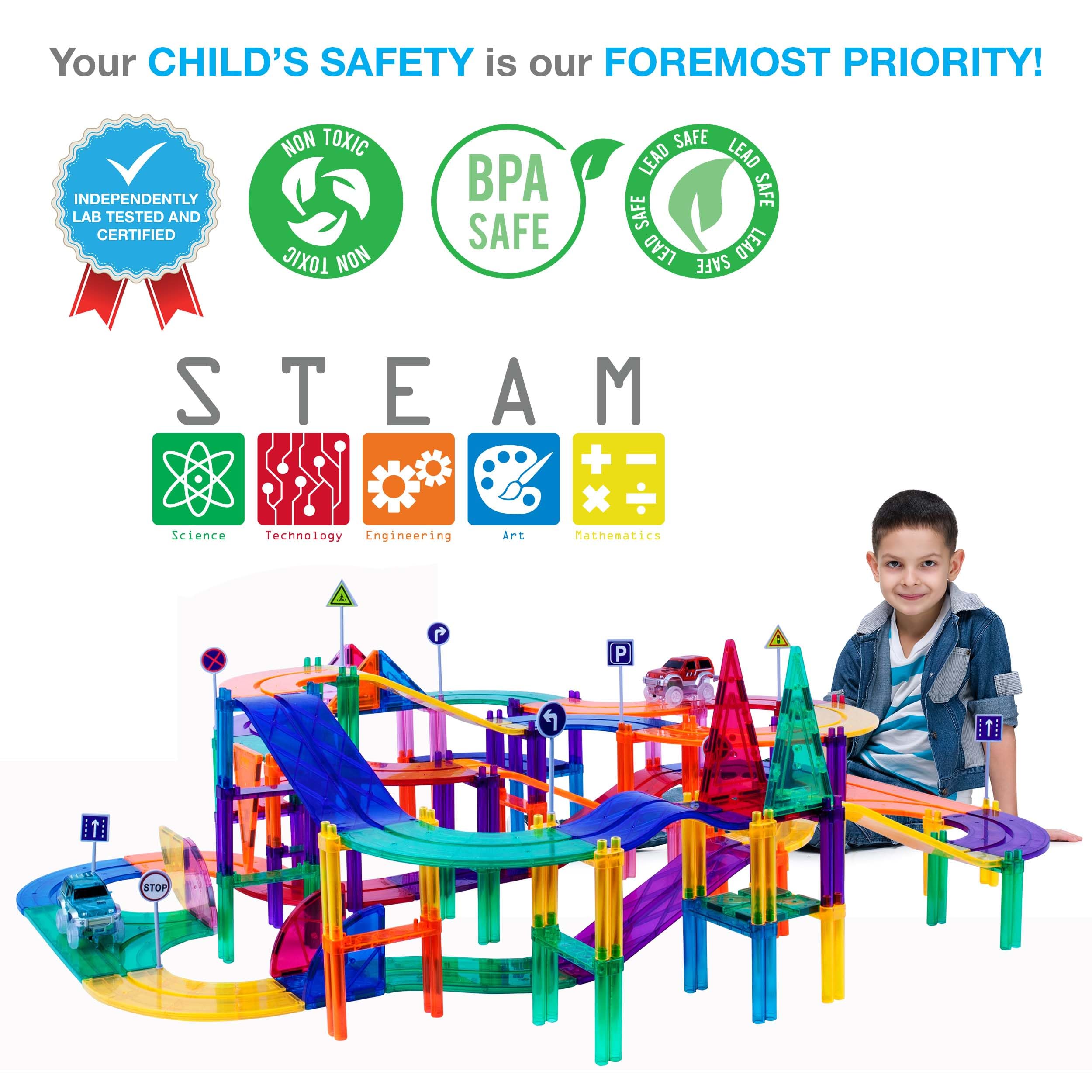 PicassoTiles 150 Piece Race Car Track Building Block Educational Toy Set Magnet Tile Magnetic Blocks Playset 4 Cars Early STEM Learning Construction Kit Hand-Eye Fine Motor Skill Brain Training PTR150