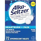 Alka-Seltzer Heartburn + Pain Effervescent Aspirin + Antacid Tablets, 72 ct | Fast heartburn relief and acid indigestion relief, with pain relief from aspirin