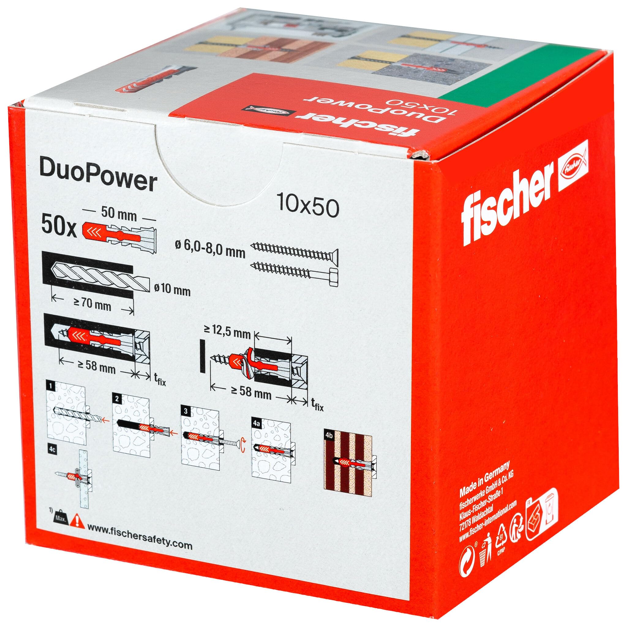 fischer DuoPower 10 x 50, Universaldübel, leistungsstarker 2-Komponenten-Dübel, Kunststoffdübel zur Befestigung in Beton, Ziegeln, Stein, Gipskarton uvm., ohne Schrauben, 50 Stück 3