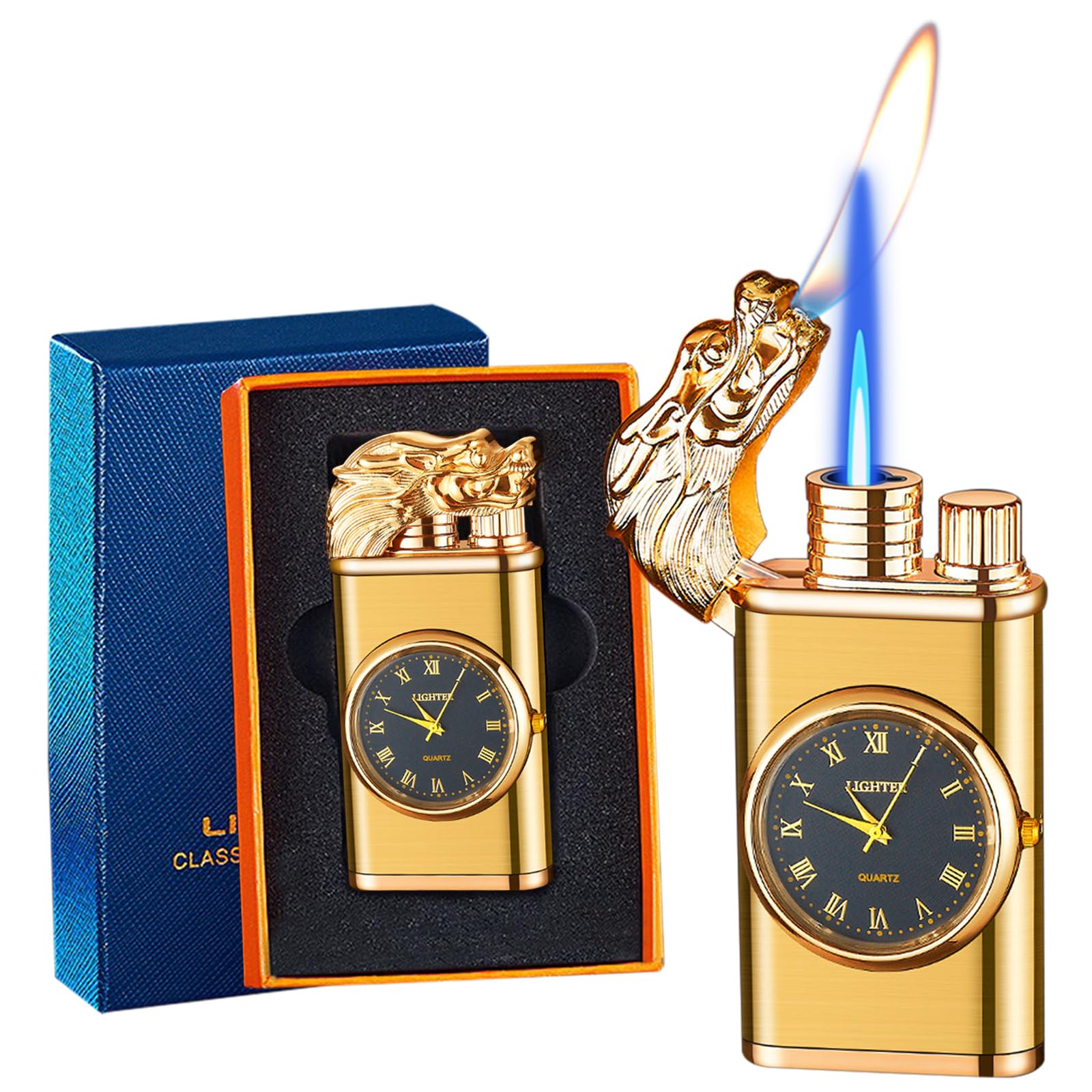 CYJBAO Jet Lighter - Windproof Adjustable Jet & Soft Flame, Cool Embossed Craft, Refillable Butane Lighter for Kitchen, BBQ, Camping, Candles, Cigar (Without Butane)-Gold