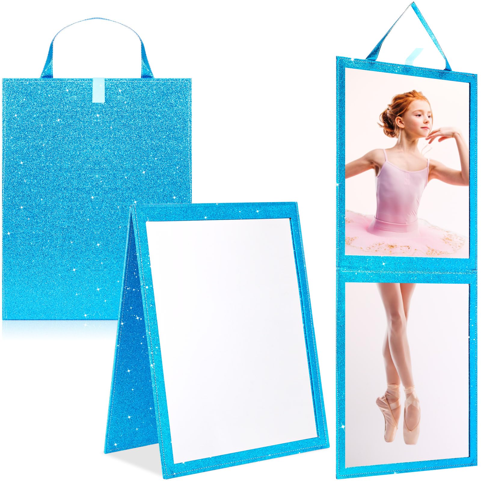 Photo 1 of Colingmill Foldable Glitter Backstage Mirror with Handle 33. 5X 13. 5 Inch Leather Folding Hanging Mirror Rectangular for Travel Dance Bag Home Fitness Spa Gift for Dancers(Blue)
