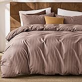 Merryword 100% Cotton Duvet Cover Set Queen Size, Brown Pinstripe Bedding Set with 2 Pillowcases, Soft Breathable Comforter Cover, Natural Cotton Linen Like Bedding Set for Cozy Home Bedroom