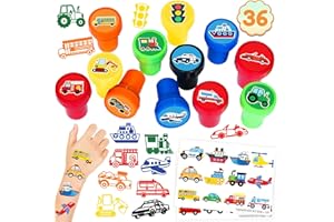 INKSOMOBA 36PCS Transportation Party Favors - 24PCS Temporary Tattoos & 12PCS Stamps - Ideal Vehicle Themed Birthday Card Decorations Supplies Goodie Bag Cute Rewards for Boys Girls Classroom Gifts Baby Shower