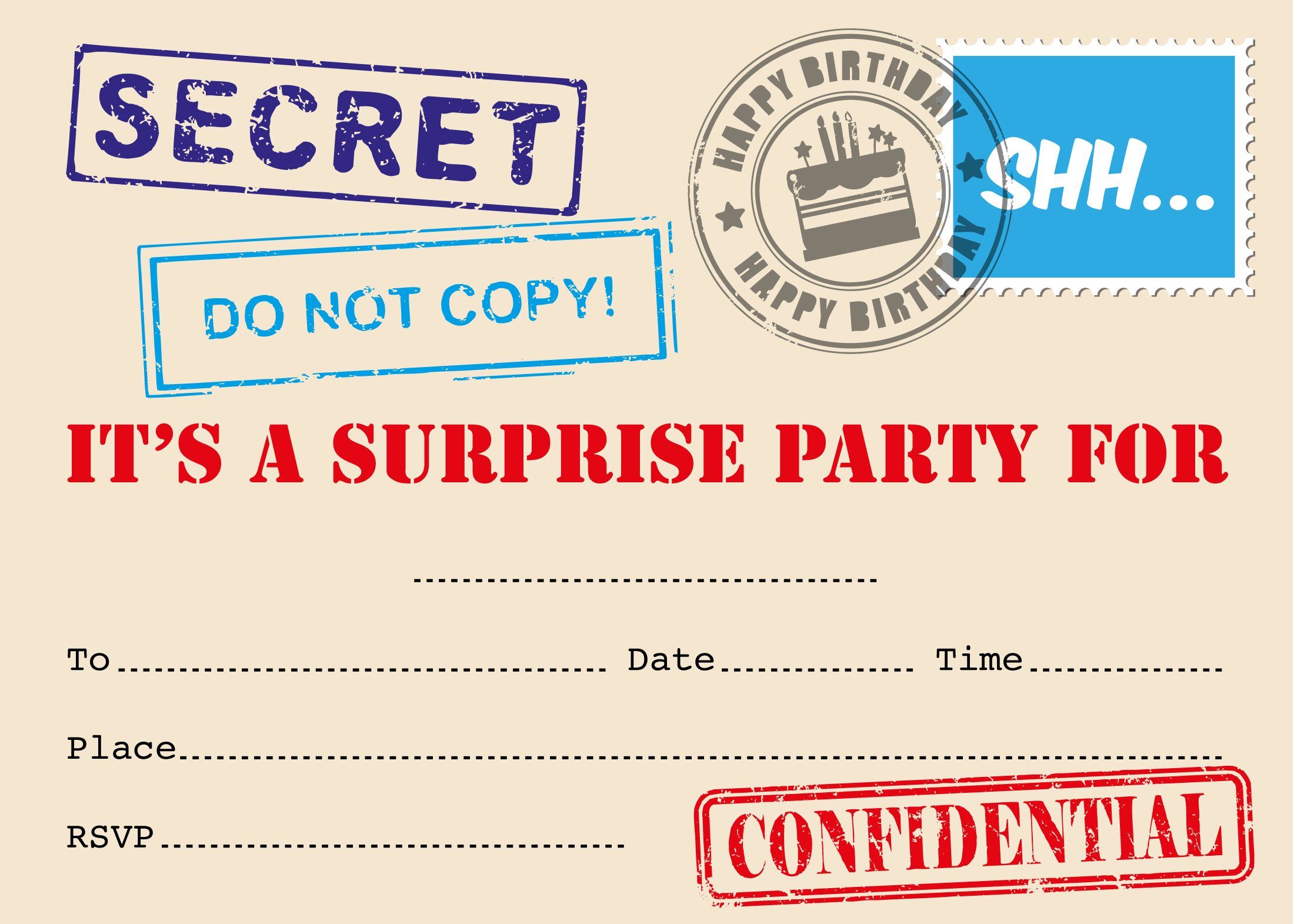 Surprise party invitation, top secret stamp designs, packs of 16 (With envelopes)