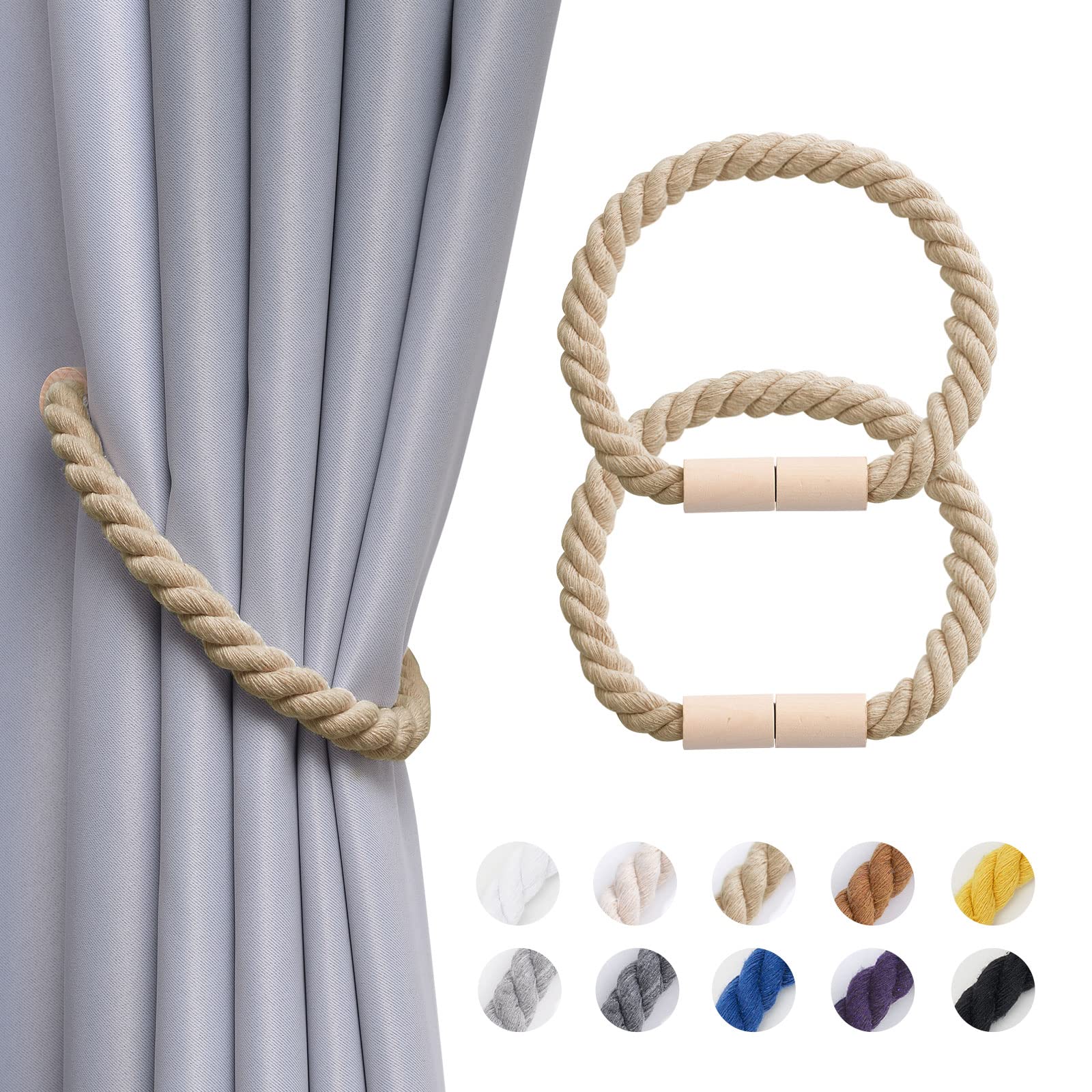 Pretty Jolly 2 Pack Wooden Magnetic Curtain Tiebacks Boho Home Decoration Drape Tie Backs Natural Cotton Handmade Rope Curtain Holdbacks for Thin or Thick Home & Office Window Drapery (Dark Beige)