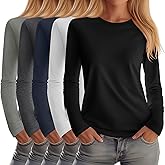 Huukeay 5 Pack Women's Crew Neck Long Sleeve Shirts, Cotton Blend Casual Clothes Workout Basic Layering Tee Tops Multipack