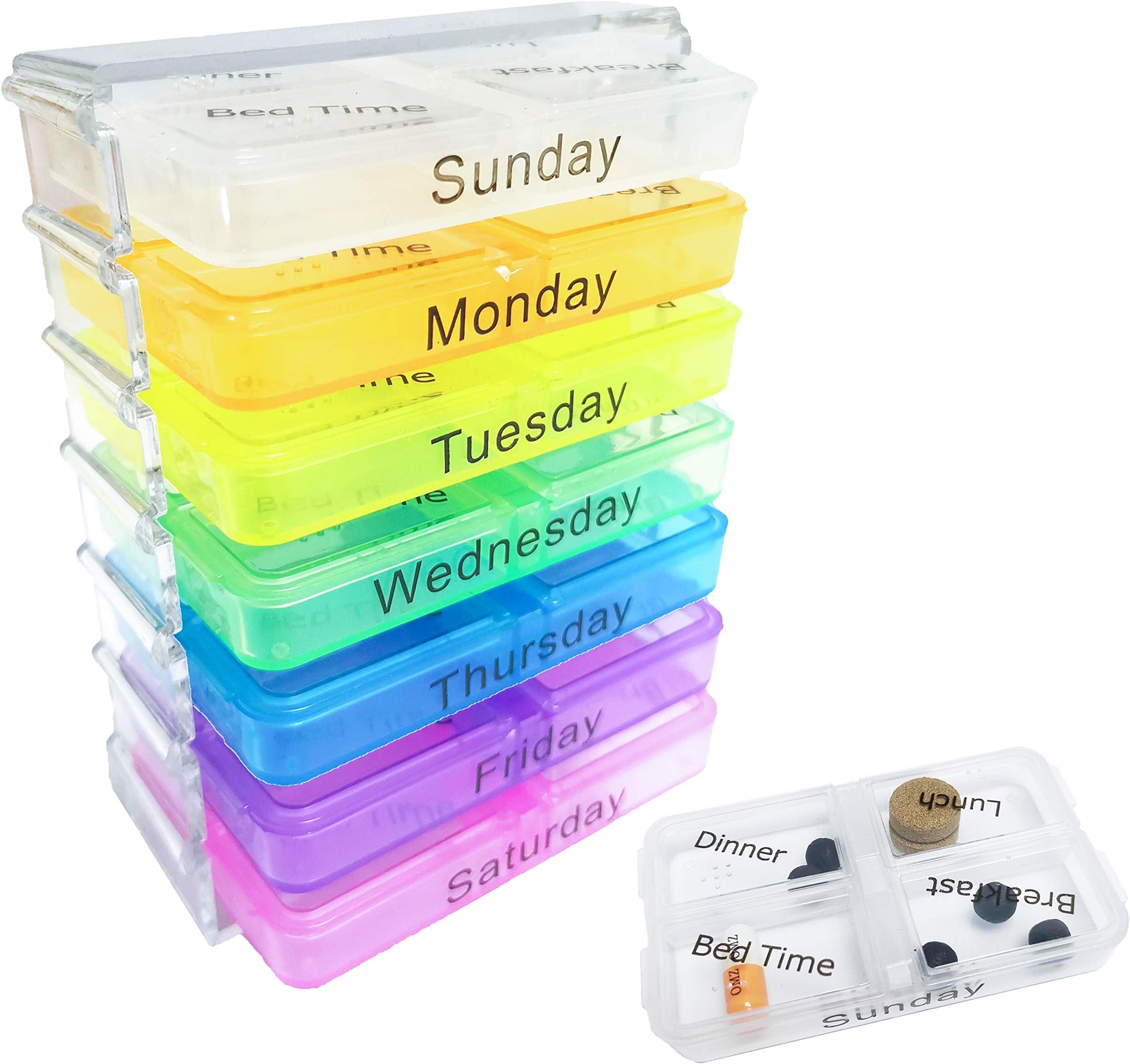 Weekly Pill Organizer(4 Times a Day), Sixport Small Size 7 Day Pill Box, Portable Travel Prescription & Medication Pill Case for Pills/Vitamin/Fish Oil/Supplements/Medication, 7Pcs 0.55" x 3.1" x 1.8"