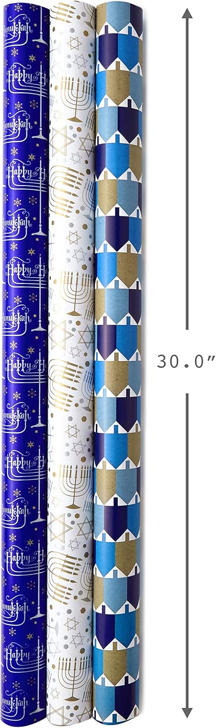 Hallmark Tree of Life Hanukkah Wrapping Paper Bundle with Cut Lines on Reverse, Blue, Gold and White (Pack of 3, 140 sq. ft. ttl.): Kitchen & Dining