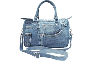 BIJOUX DE JA Upcycling Classic Blue Denim Jeans Pants Doctor Style Top-Handle Adjustable Shoulder Crossbody Women Handbag Purse LL-04 (Medium Shade)