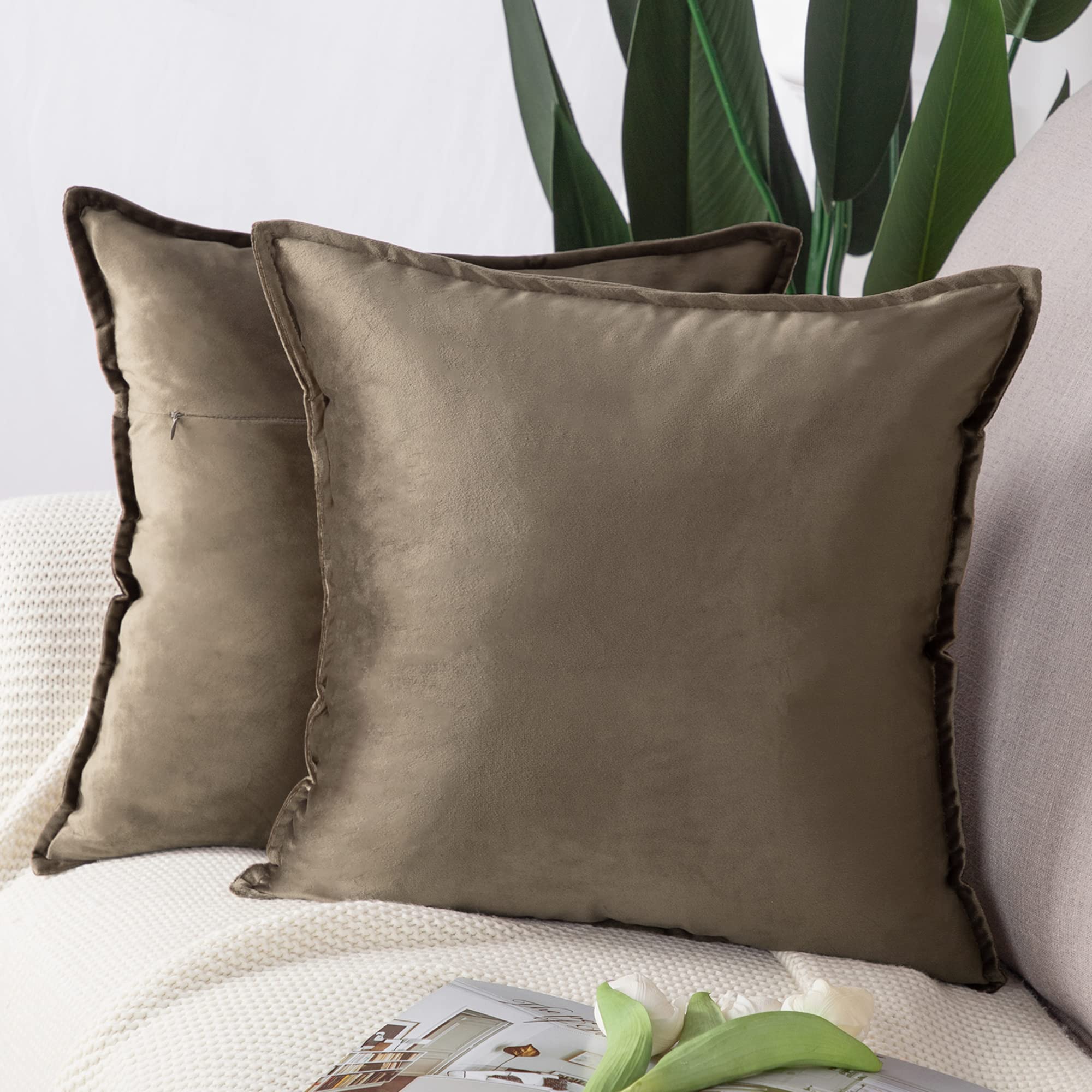 Madizz Pack of 2 Super Soft Velvet Decorative Cushion Covers with Fringe Luxury Style Cushion Case European Pillow Shell for Sofa Bedroom Square Brown 24x24 inch, 60x60 cm