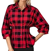 Nlife Women Peplum Tops Cinched Waist Button Down Shirt Collared 3/4 Sleeve Flattering Business Casual Work Office Blouse