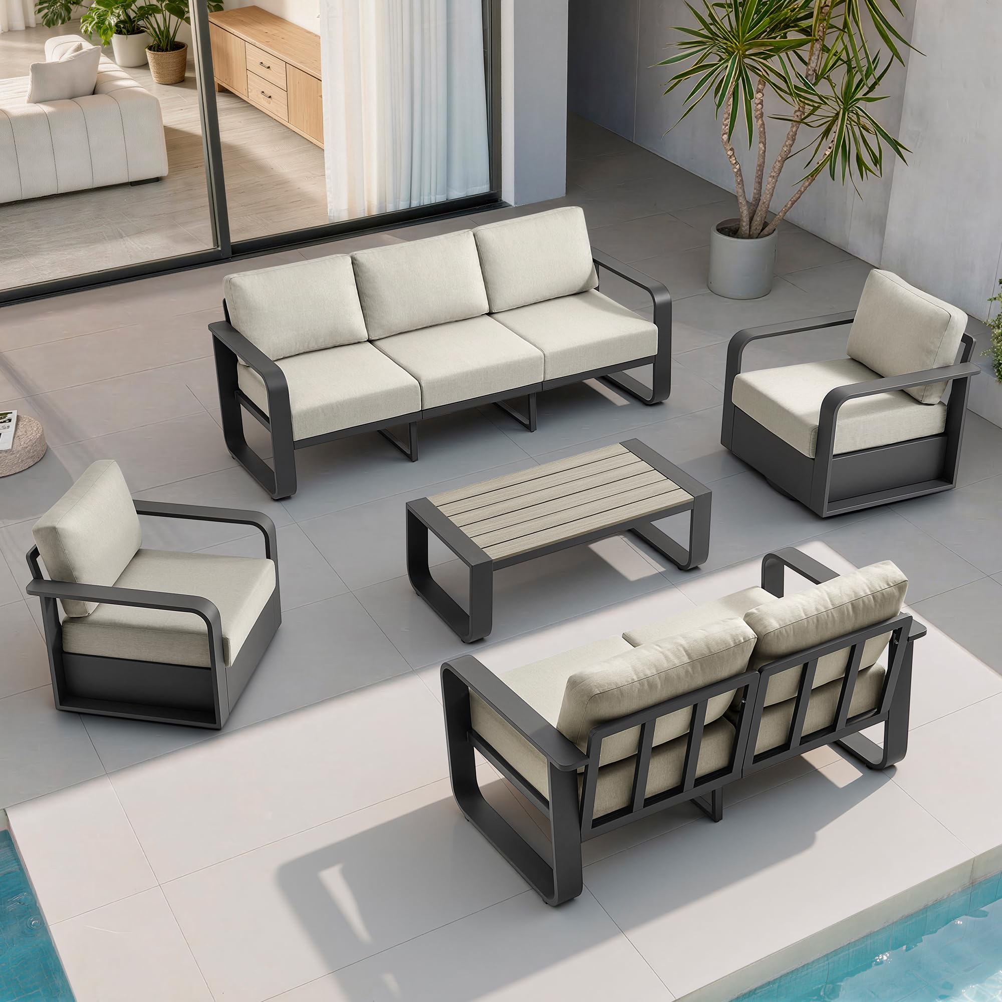 CHITA Outdoor Furniture Set 5 Piece, 7-Seats Patio Conversation Set with Swivel Chairs & 6.3in Thick Cushions & Aluminum Frame, Modern Outdoor Patio Furniture Sofa Set for Poolside, Deck
