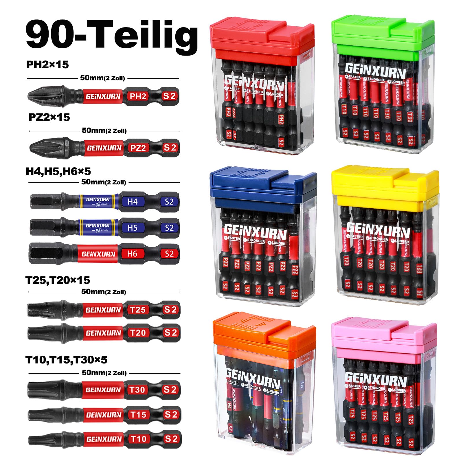 Geinxurn Schlagfeste Schraubendreher Bits Set, 90 Stücke 50mm Magnetisch (PH2/PZ2/T10/T15/T20/T25/T30/Hex) S2 Stahl Multi Treiber Bits mit Lagerung Bunte Box 2