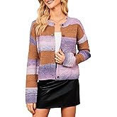 YEXPINE Womens Striped Cardigan Sweaters Crew Neck Button Down Color Block Fuzzy Loose Knit Coats