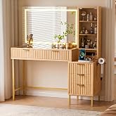 EOYUTLLY 48" Fluted Makeup Vanity with Large LED Mirror and Glass Top, Oak | 36" LED HD Mirror with 3 Color Modes, 48" Glass Top, Built-in Charging Station, 5 Drawers &amp; 3-Tier Shelf Storage for Bedroom