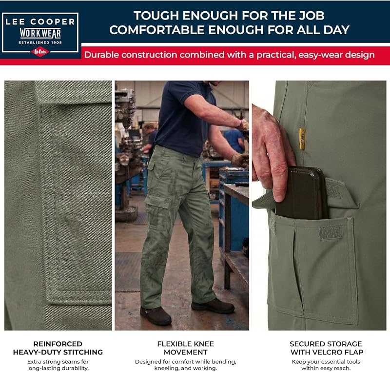 Pantalon Travail Homme Cargo 245 GSM – Workwear Résistant Multi Poches Entretien Facile, Pantalon Sécurité Coupe Droite Bouton Zip (kaki, 38W / 29L) — photo 5 sur 8