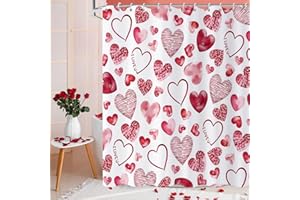 Caheansi Valentine's Day Shower Curtain, Watercolor Red Romantic Heart Love Theme Girly Bathroom Curtain Waterproof Fabric Machine Washable with Hooks, 72" Wx72 L