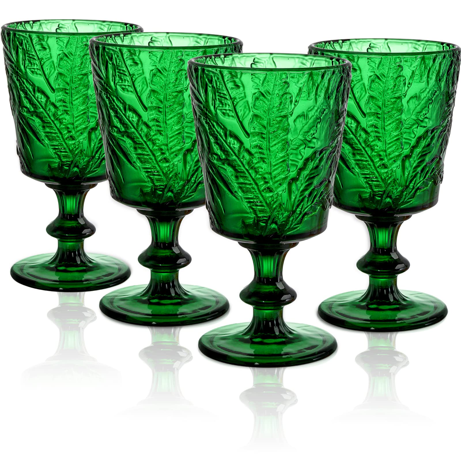 SOUJOY Set of 4 Colored Wine Glass Goblet, 12oz Handmade Pressed Stemmed Water Cup, Green Vintage Tropical Palm Pattern Embossed Drinkware for Party, Wedding, Christmas
