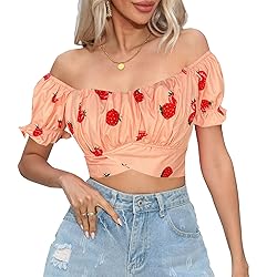COOUFE Women's Crop Tops Ruffle Short Sleeve Tie
