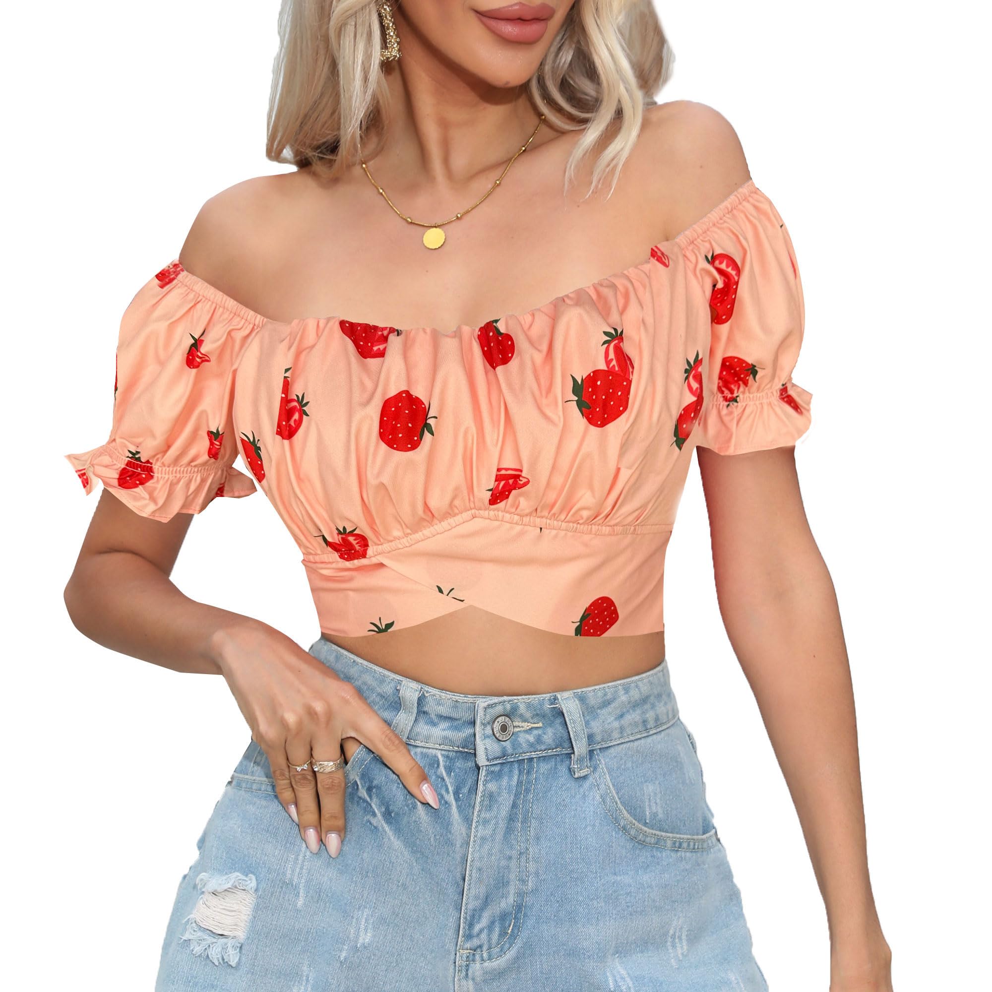 COOUFE Women's Crop Tops Ruffle Short Sleeve Tie
