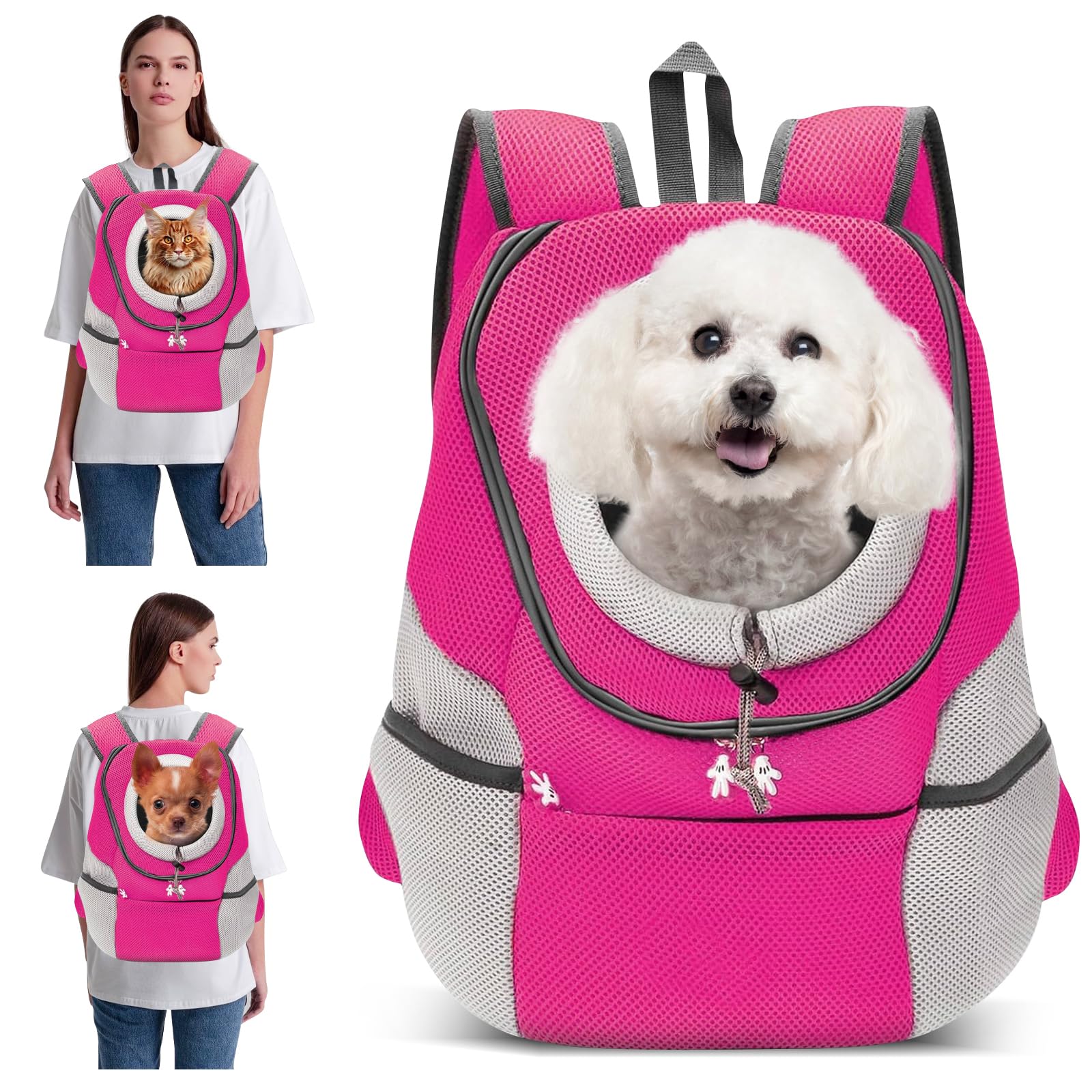 PETCUTE Breathable Pet Carrier Backpack for Small Dogs Cat Up to 6.8KG,Hands-Free Pet Travel Bag with Head-Out Design and Waterproof Bottom,Adjustable Cat Backpack for Hiking & Travel,Pink,L